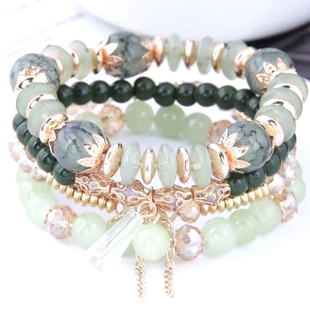 Green Beaded 4 Piece Stretch Stack Bracelet Set - Picture 2 of 2
